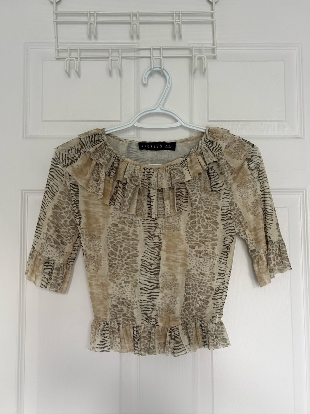 Lioness Neutral Animal-Print Ruffle Peplum Top